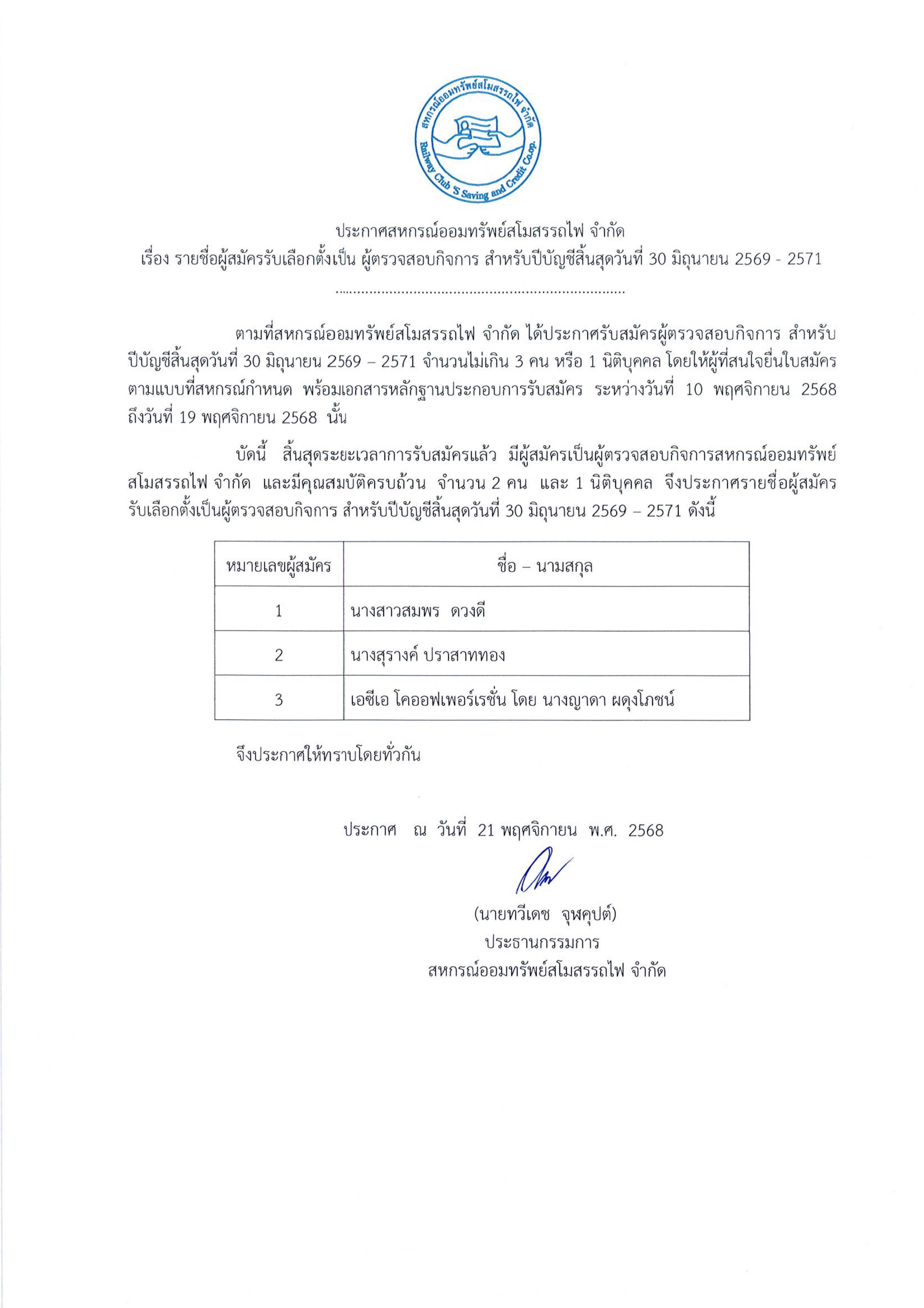 รายชื่อผู้สมัครรับเลือกตั้งเป็น ผู้ตรวจสอบกิจการ สำหรับปีสิ้นสุดวันที่ 30 มิถุนายน 2569 - 2571